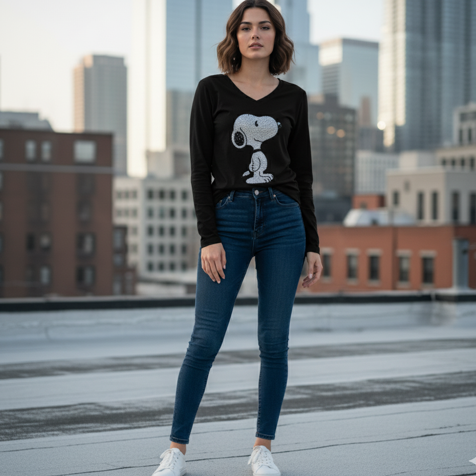 Camiseta Snoopy de Manga Larga con Cuello en Pico | Eclipse de Belleza