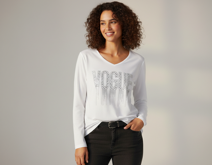 Camiseta blanca de manga corta para mujer con logotipo 'Vogue' en color plateado brillante - Eclipse de Belleza