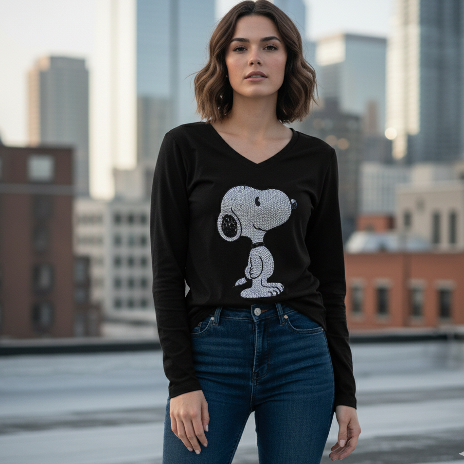 Modelo con camiseta negra de manga larga de Snoopy y cuello en pico frente a edificios - Eclipse de Belleza